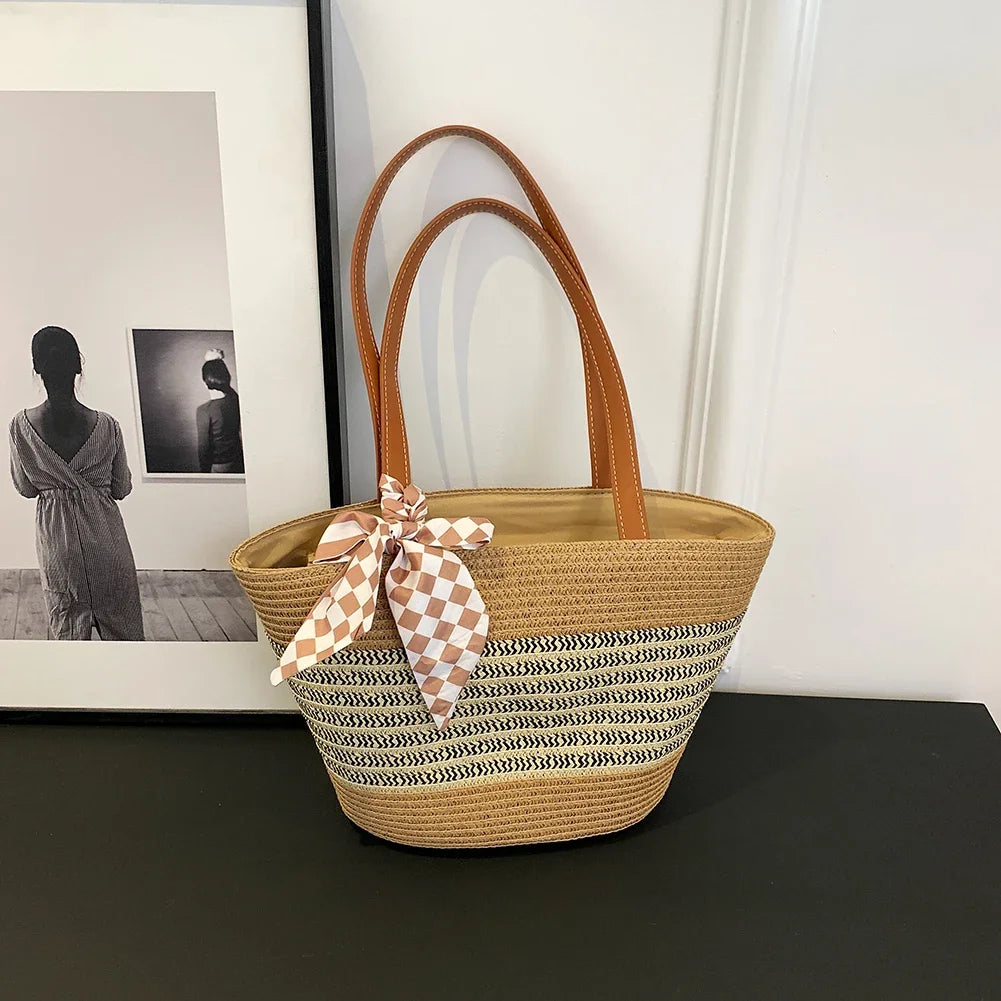Women Straw Tote Handbag Large Capacity Crochet Beach Handbag Zipper Closure Weaving Striped Handbag Ladies Summer Daily Bag