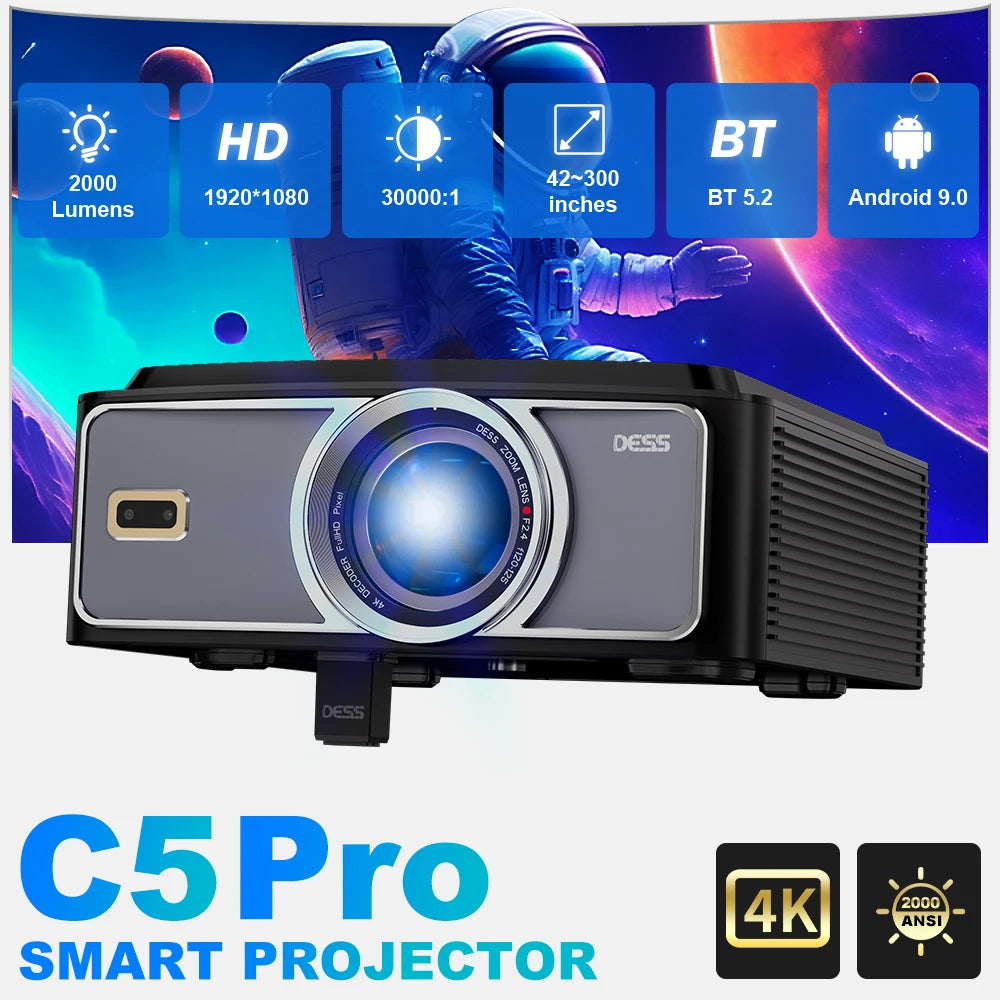 DESS Full HD 1080P Native Video Projector C5 Pro Home Theater Projectors Portable 4K Bluetooth And Wifi Smart TV Auto Focus