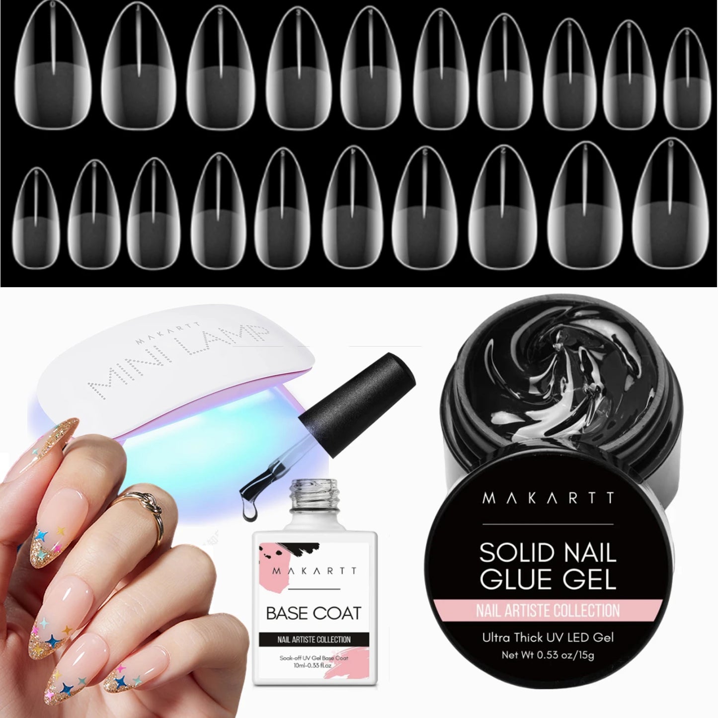 Makartt Gel x Nail Kit , Solid Nail Glue Gel with 500pcs Half Matte Almond Nails Tips & U V LED Nail Lamp For Nail Extension