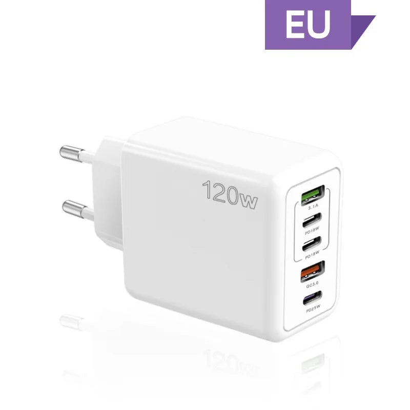 120W 5 in 1 2 USB 3 Type C Quick Charging Fast Wall Charger For iPhone Samsung Xiaomi Huawei Oppo Mobile Phone Adapter