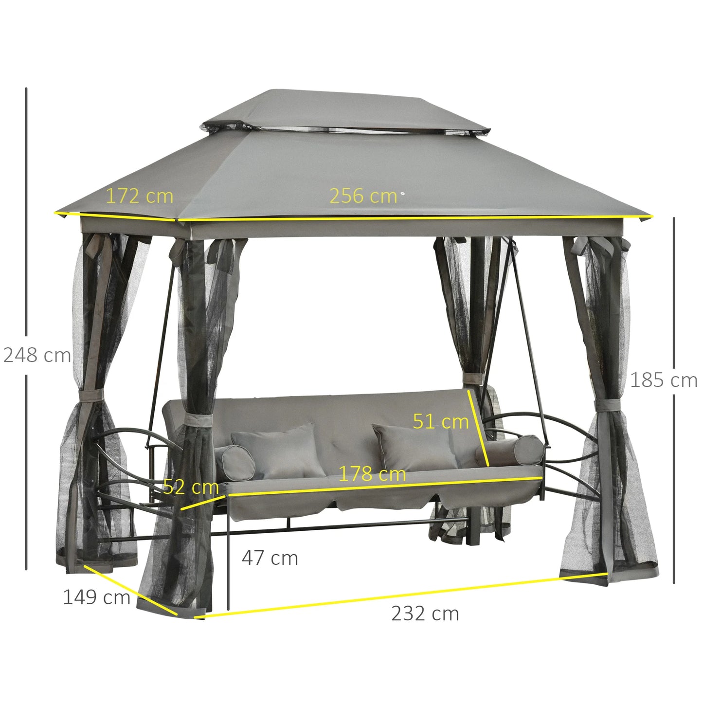 Outsunny 3 Seater Swing Chair 3-in-1 Convertible Garden Swing Seat Bed Gazebo Patio Bench Outdoor with Double Tier Canopy