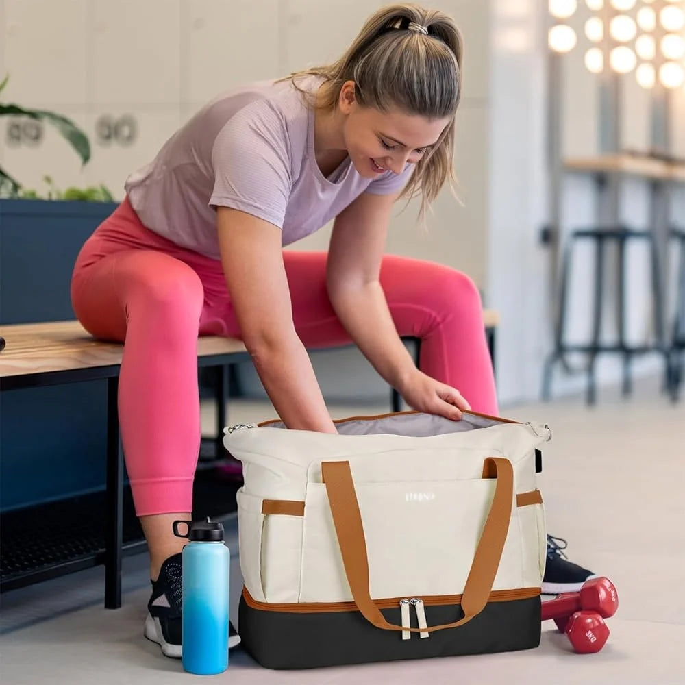 Women’s Gym Duffel Bag with Shoe Compartment USB Port Wet Pocket Travel Overnight Weekender Multi-functional Sports Bag