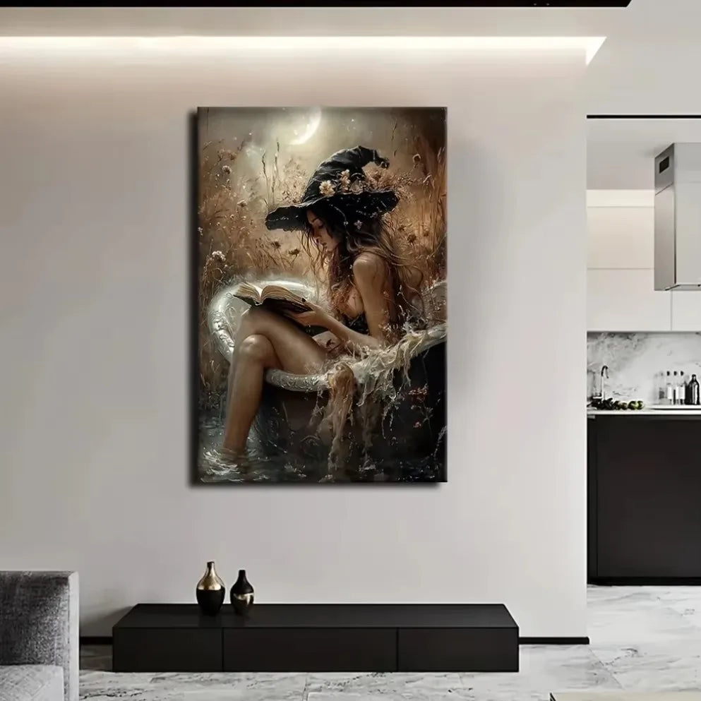 Witch in Bathtub Canvas Mural – Dark Academia Witchy Decor for Bathrooms | Perfect Halloween Gift