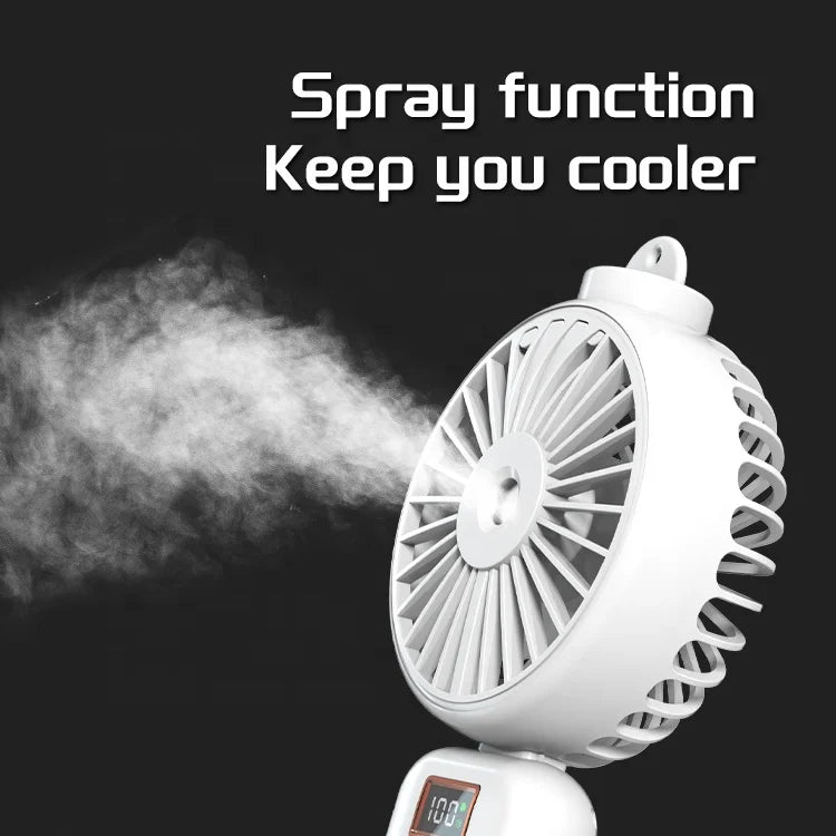 New Mini Hanging Neck Small Fan Spray Mist Cooler Fan Humidifying Foldable Handheld Digital Display Fan With Phone Holder