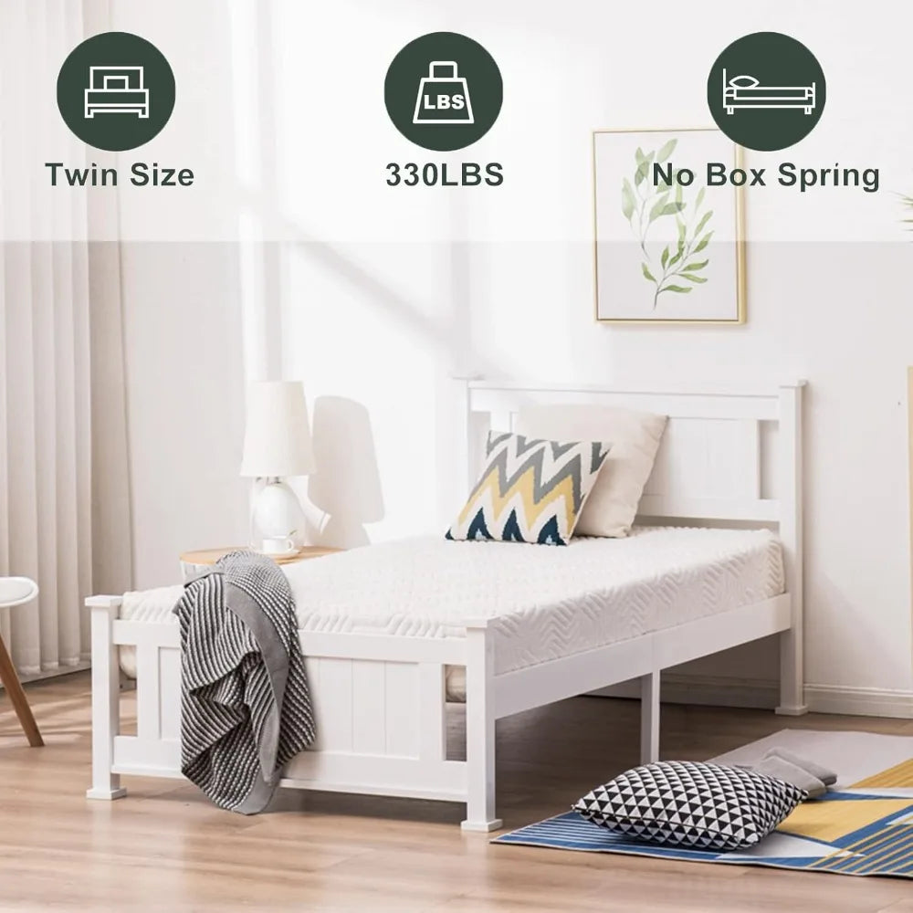 Twin Size Solid Wood Platform Bed Frame, Single Bed with Headboard,  Wood Slat Support Mattress Foundation, White
