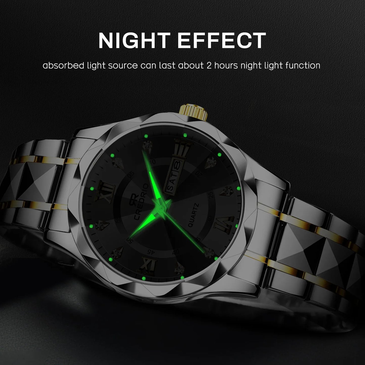 CREDRIO Men's Watches    Men's Rhinestone Luxury Luminous Waterproof Dual Calendar Week Quartz Movement Fashion Business Watch