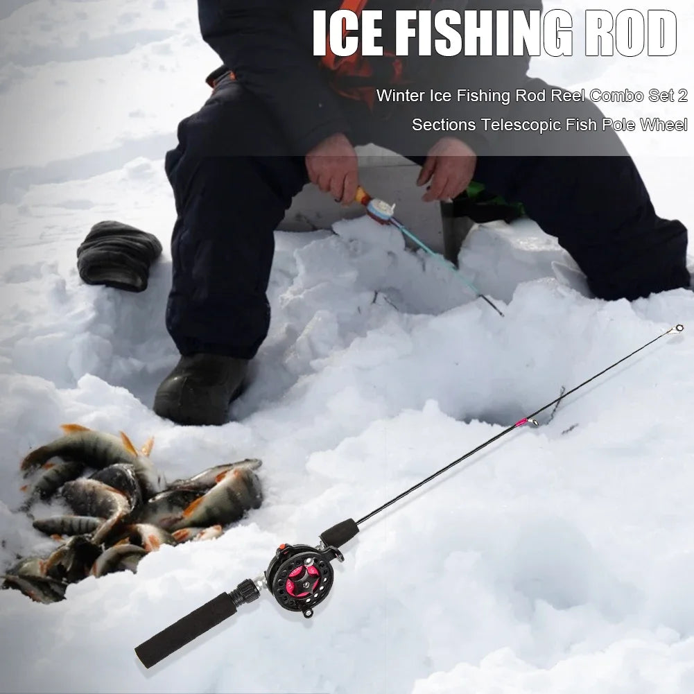 Winter Ice Fishing Rod with Reel Outdoor Fishing Mini Feeder 2 Sections Telescopic Fishing Pole Wheel Tackle Rod Combo Set