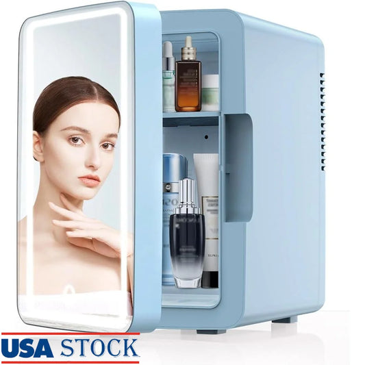 6L Mini Fridge with LED Mirror Cooler Warmer Ideal Skincare Makeup Snacks Bedroom Office Portable Chiller