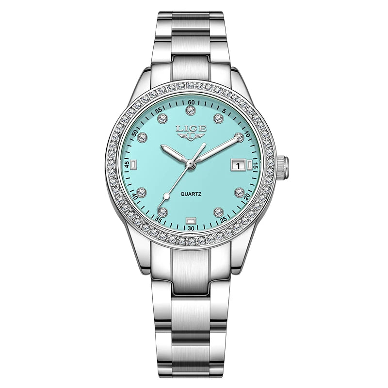 LIGE Original Diamond Dial Quartz Watch for Women Fashion Elegant Ladies Watches Stainless Steel Waterproof Women's Wristwatch