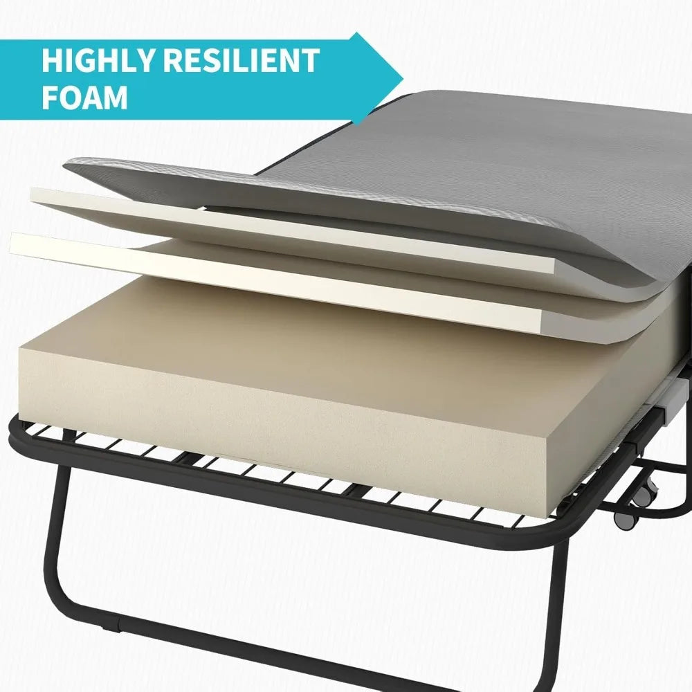 Folding Bed with 5" Foam Mattress, 75" x 31" Rollaway Bed,Cot Size Space-Saving Guest Bed with Headboard,with Sturdy Metal Frame