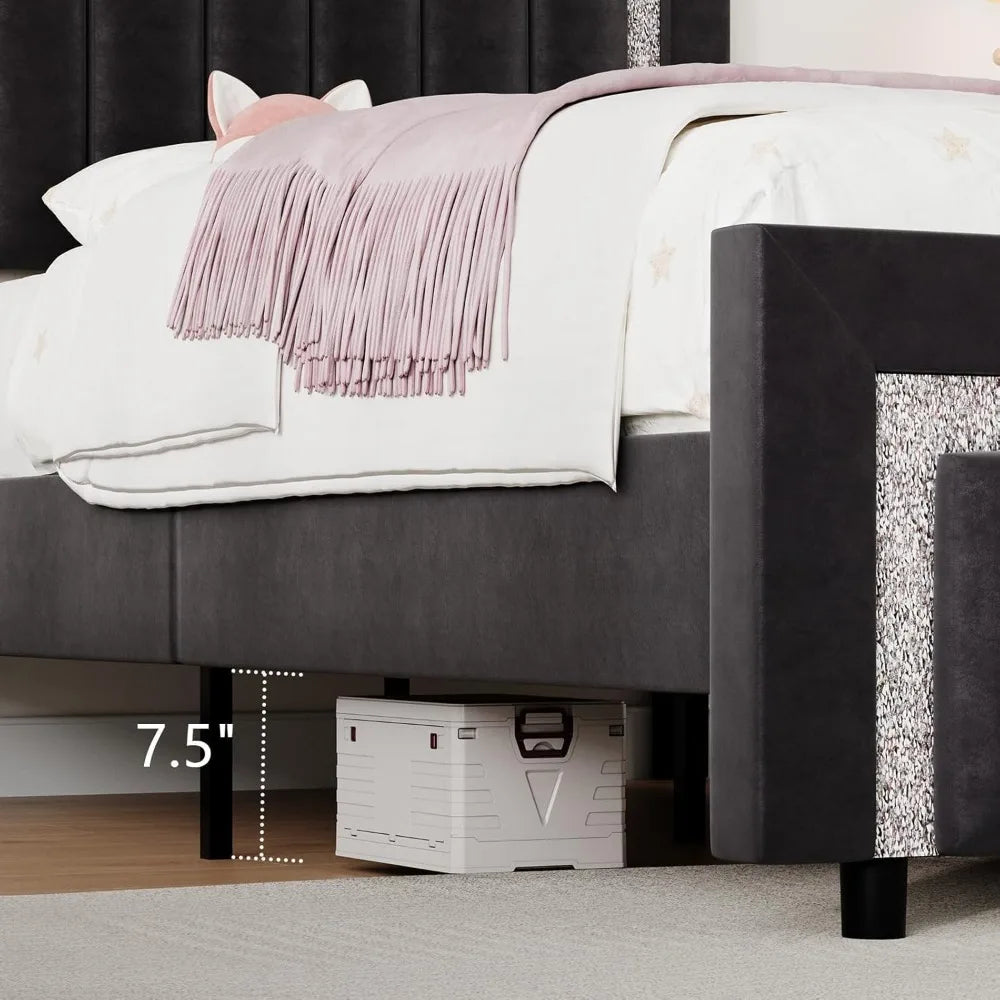 HOMBCK Full Size Bed Frame, Black Velvet Upholstered Bed Frame with Diamond Tufted Headboard and Footboard, Vertical Channel Tuf