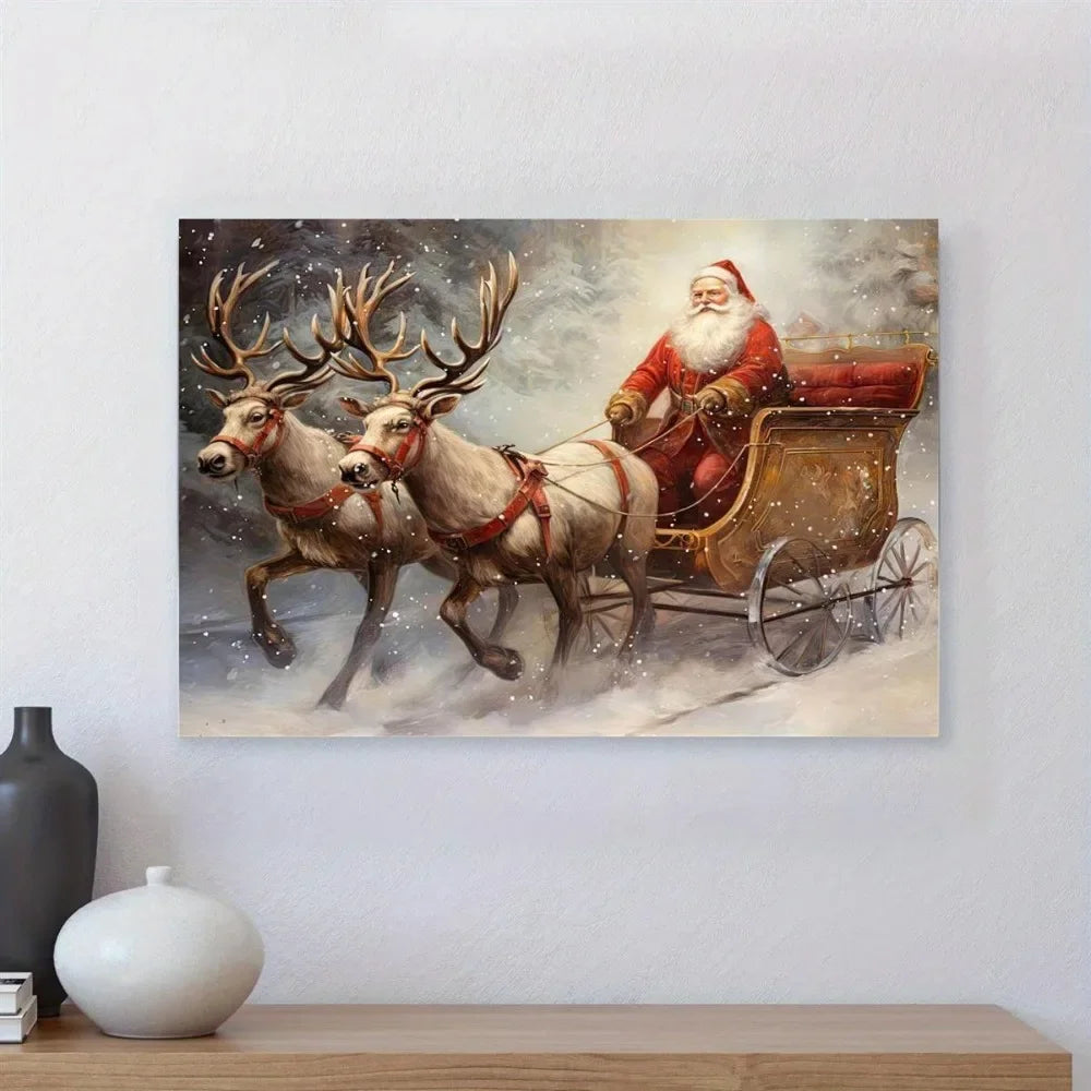 Unique Santa & Reindeer Frameless Canvas Art Print, Waterproof Classic Modern Ink Painting for Indoor Outdoor Home Office