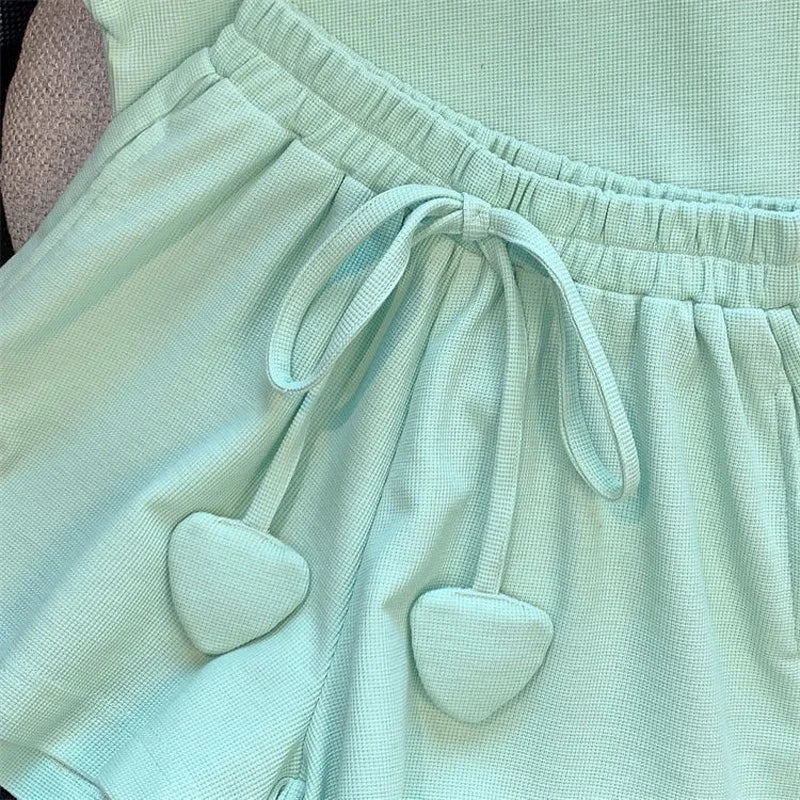New 4 -14 Years  Summer Girls Clothing Set Letter Print Sleeveless T-shirt + Heart Shorts Pants 2pcs Suit Kids Leisure Outfit