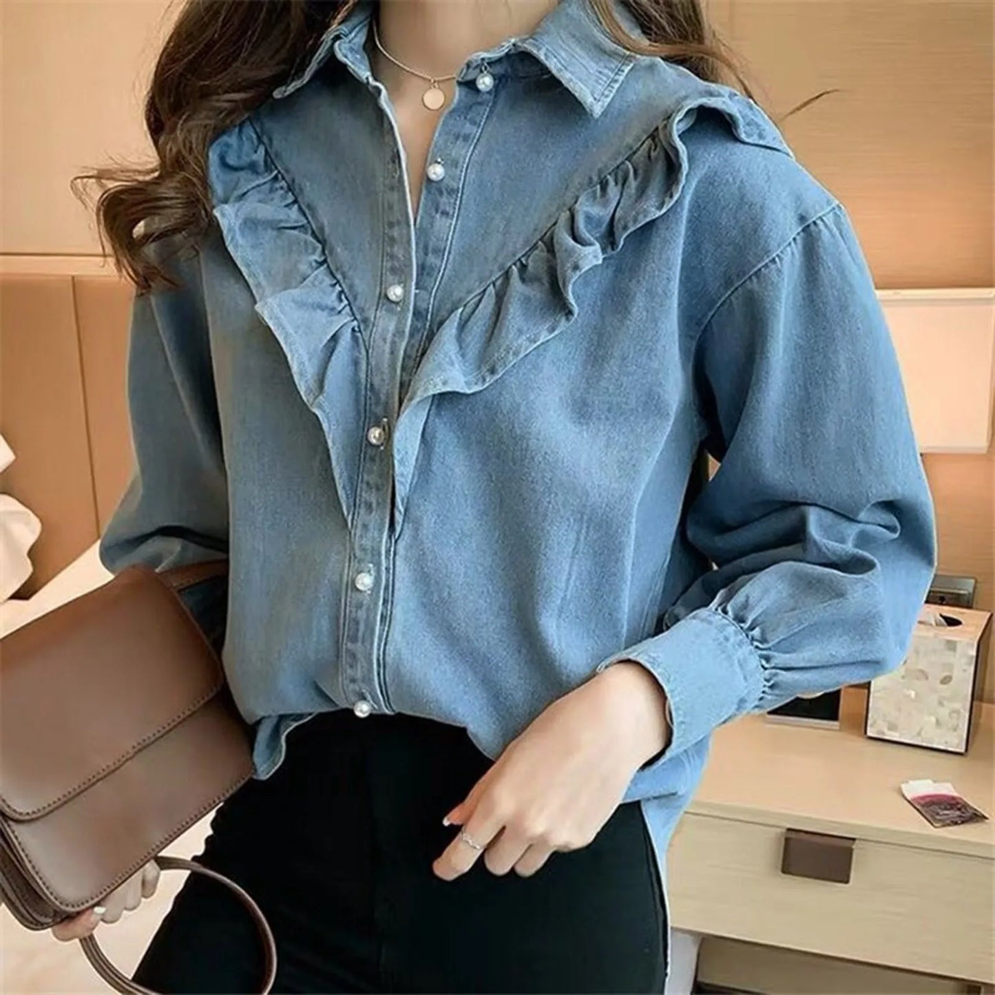 Women'S Casual Sweet Ruffled Denim Shirt Loose Thin Long-Sleeved Blouse Jacket Korean Style Y2k Ruffles Neck Vintage Denim Shirt