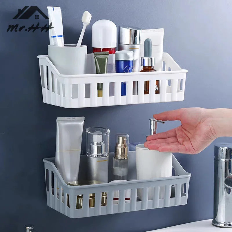 Bathroom Shelf Organizer No Drill Shower Organizer Wall Mounted Plastic Toilet Shampoo Rack Kitchen Bathroom Accessories