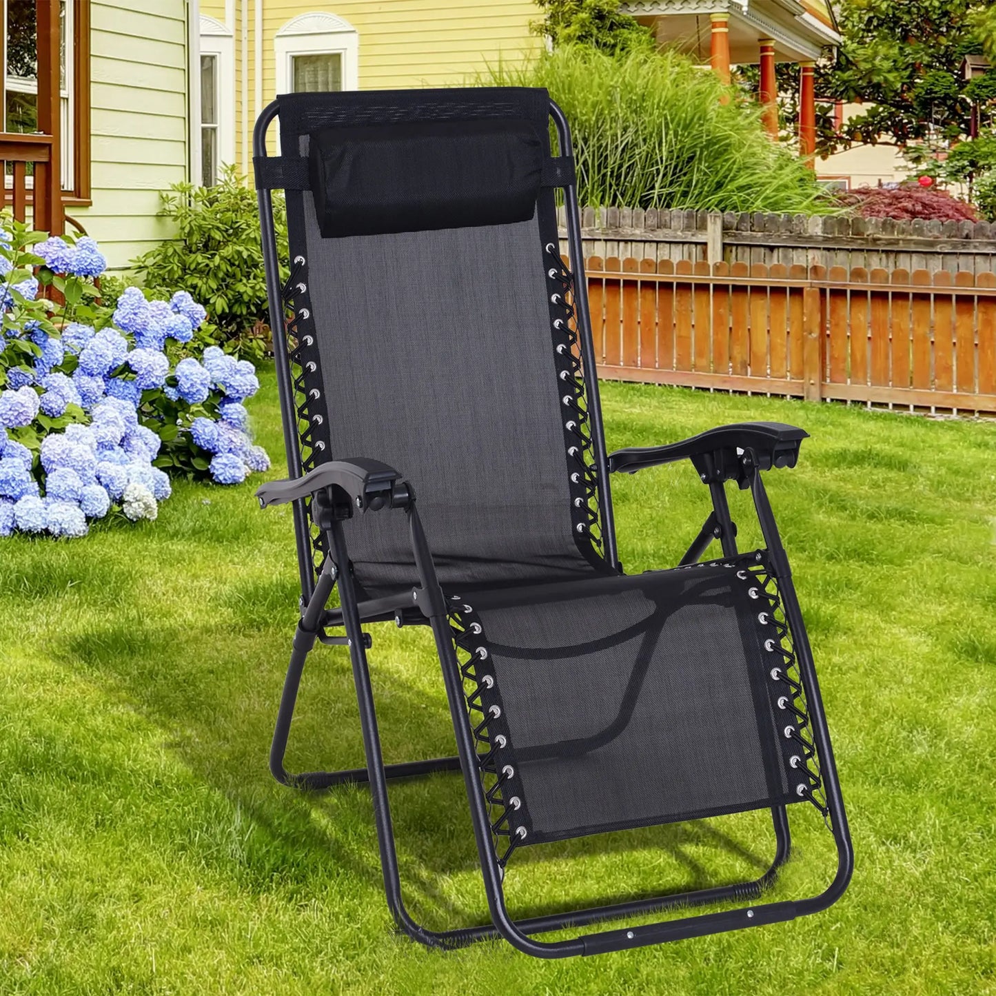 Outsunny Zero Gravity Chair Metal Frame Texteline Armchair Outdoor Folding and Reclining Sun Lounger , Black
