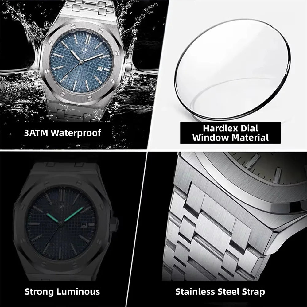 AP Luxury Brand Classic Trendy Men's Delicacy Watch Waterproof Stainless Steel Wristwatch Luminous Date Mineral Glass Watch Gift