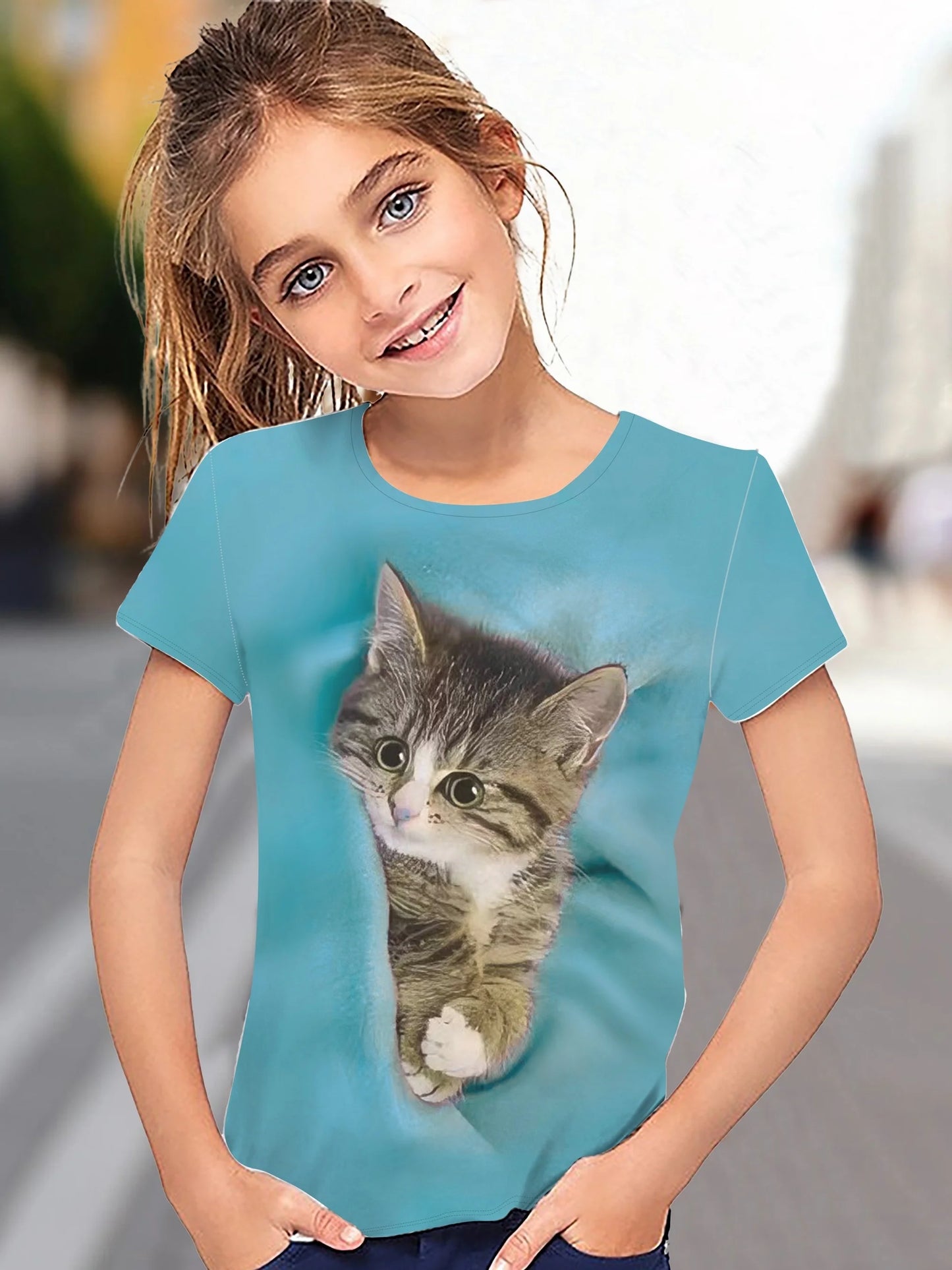 T-Shirt for Girls Cute Kitten Girls Clothes Kids T-Shirt Summer Short Sleeve Children Outdoor Sports Tops T-Shirt for Girls