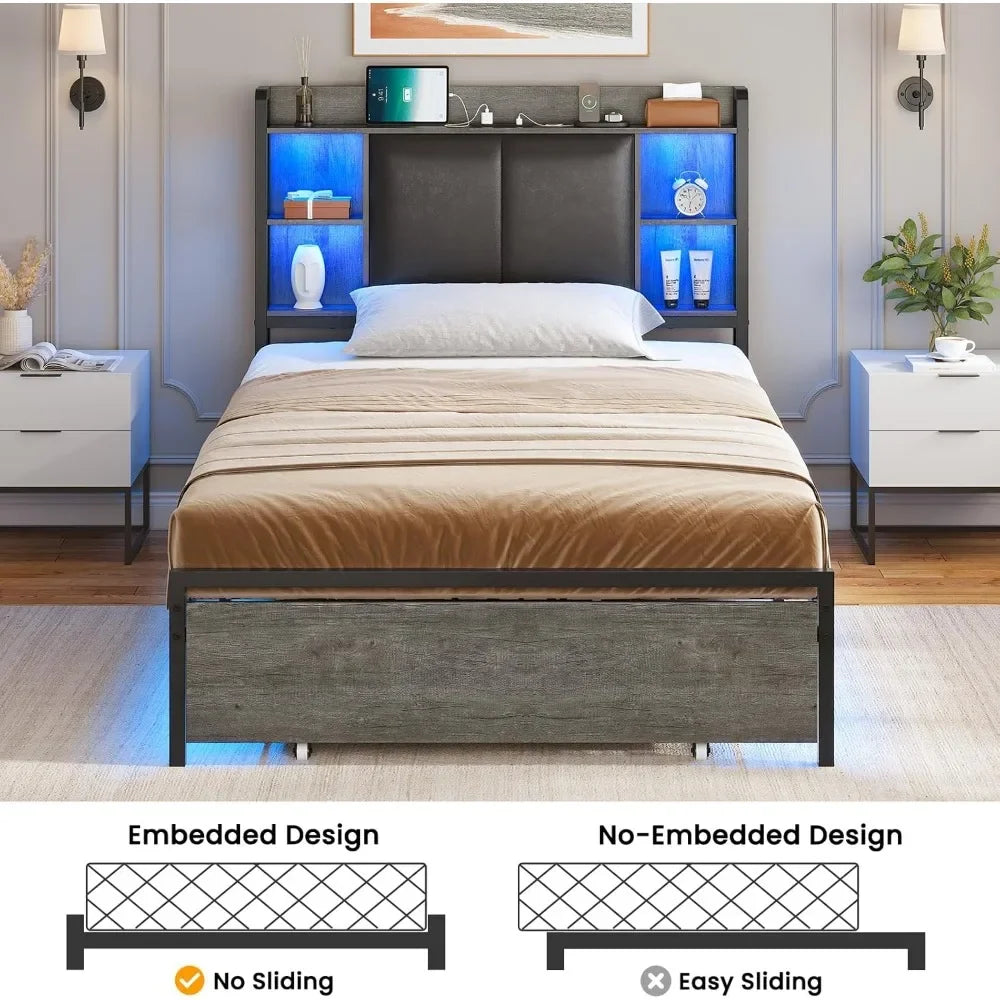 Twin Bed Frames with Headboard and 2 Storage Drawers, Twin Bed Frame with Charging Station and Led Lights