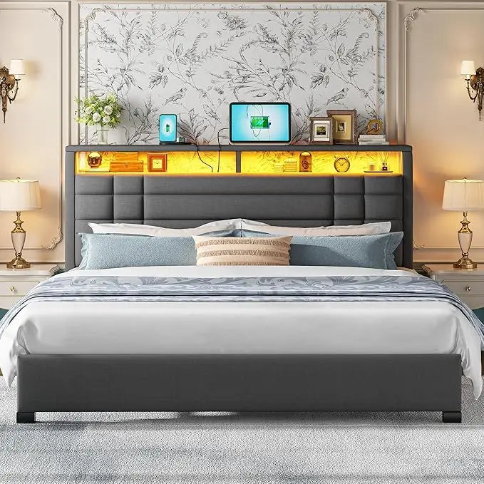 King Size Bed Frame with Charging Station and LED Lights, King Bed Frame with 2-Tier Storage Headboard, Metal Slats