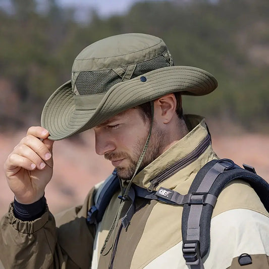 Summer Men Bucket Hat Outdoor UV Protection Wide Brim Panama Safari Hunting Hiking Hat Mesh Fisherman Hat Beach Sunscreen Cap