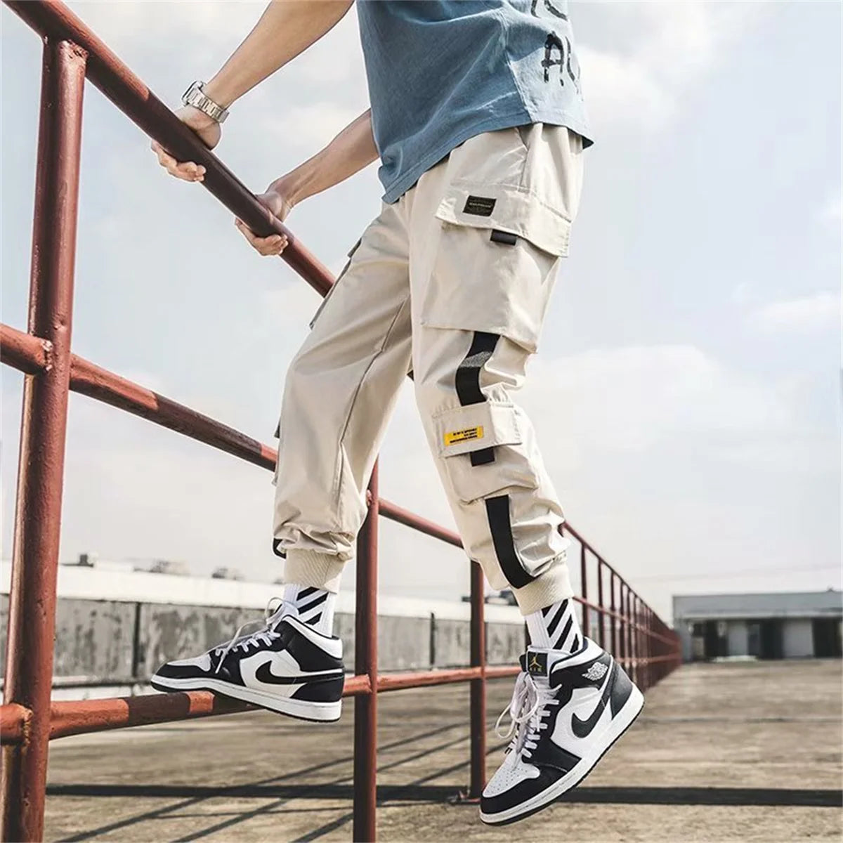 Men's Cargo Pants Casual Hip Hop Hit Color Multiple Pockets Trousers Streetwear Ribbons Techwear Sweatpants Boys