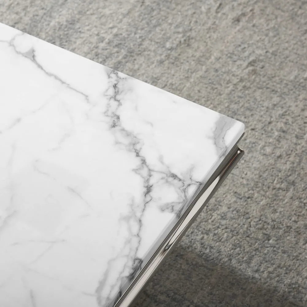 Modern Marble Coffee Table,Rectangular White and Silver with U-Shape Stainless Steel Base with Silver Mirrored Finish LivingRoom