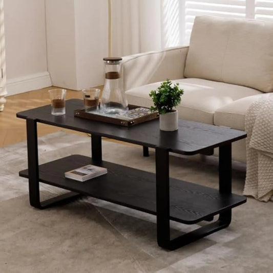 Modern Coffee Table with Storage, Black Coffee Table for Living Room, Rubber Wooden Rectangle Minimalist Tea Table for Small Sp
