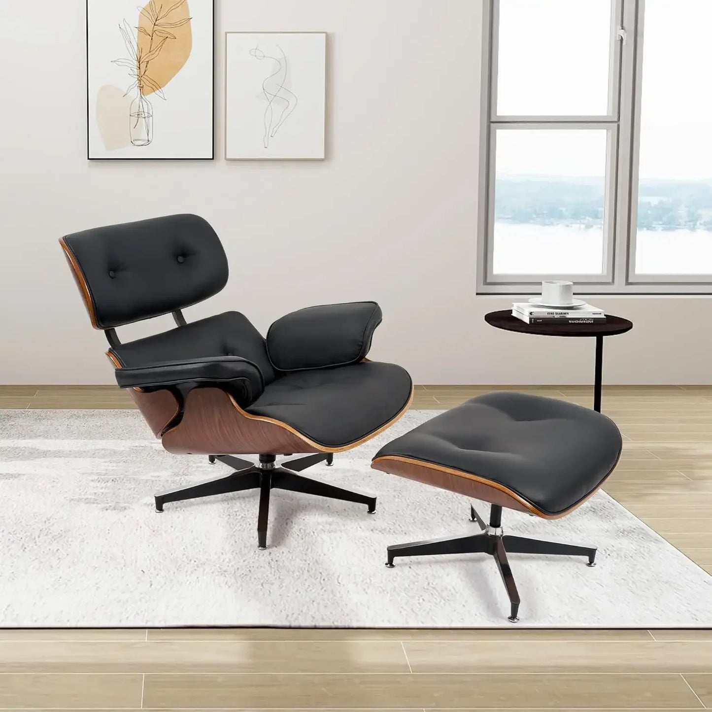 Top PU Leather Lounge Chair with Ottoman, Comfy Recliner with Wide Armrest, Mid Century Modern Accent Chair
