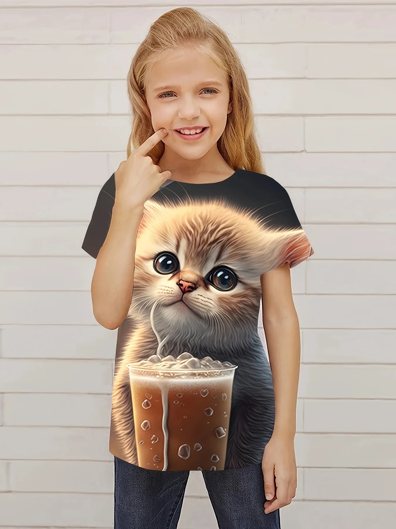 T-Shirt for Girls Cute Kitten Girls Clothes Kids T-Shirt Summer Short Sleeve Children Outdoor Sports Tops T-Shirt for Girls