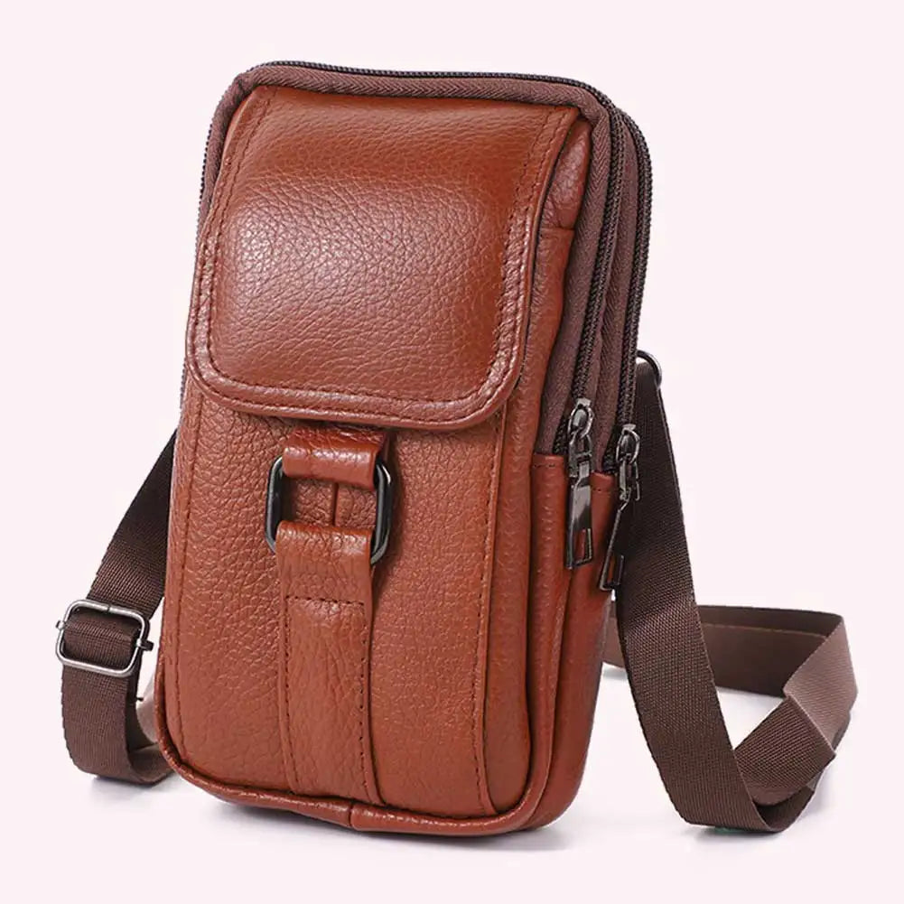 Portable Men Messenger Bags Cowhide Leather Cell Phone Belt Pack Fashion Simple Multi-pockets Casual for Outdoor Sport