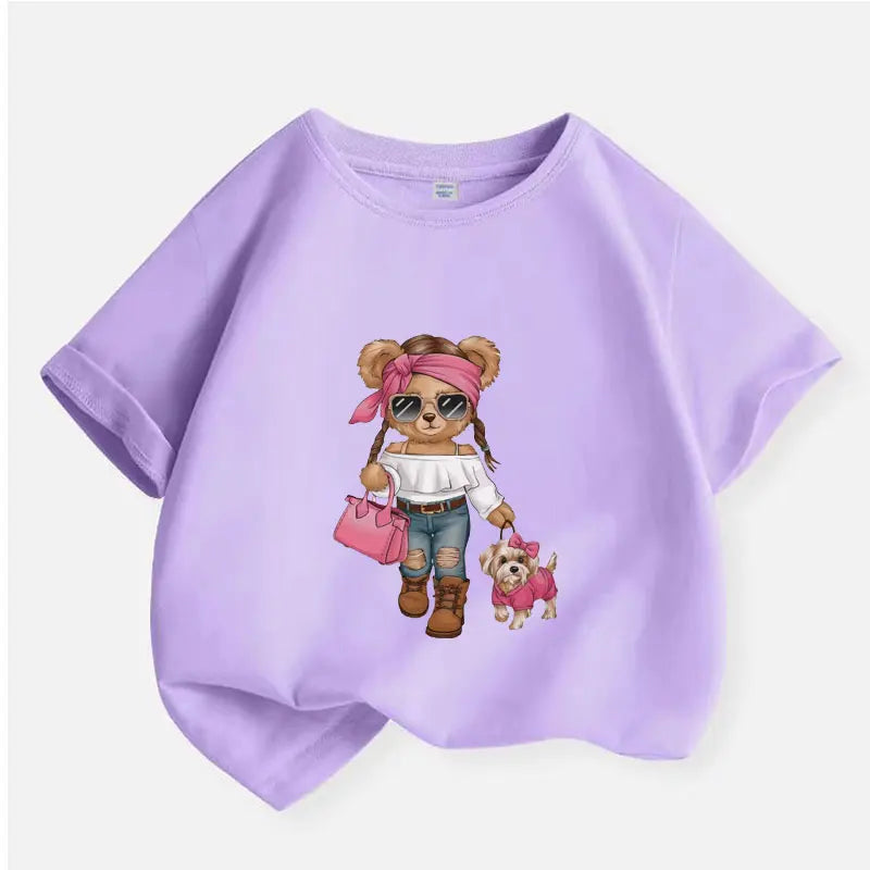 New Y2K Tops Trendy Bear Cartoon Graphic Print Baby Girls T-shirt Cotton Kids Tops Tee Summer Fashion T Shirt 6 8 10 12 Years