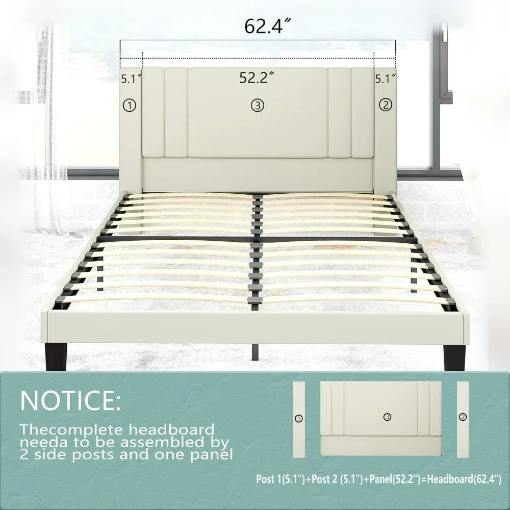 Queen Size Bed Frame, Velvet Upholstered Platform with Headboard, Beige(Beige, Queen (U.S. Standard))