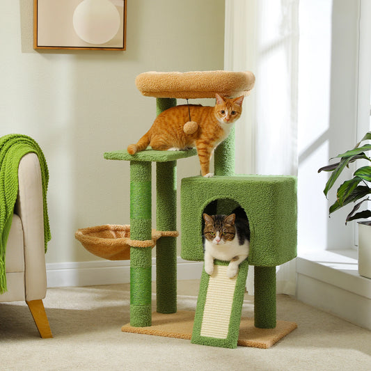 Cactus Cat Tree with Sisal Covered Scratching Post, Cozy Condo, Hammock, Multi-Level Cat Tower for Indoor Cats, Cat House Toys