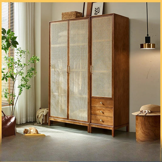 wood rattan wardrobe Japanese modern home bedroom locker small apartment storage combination large wardrobe
