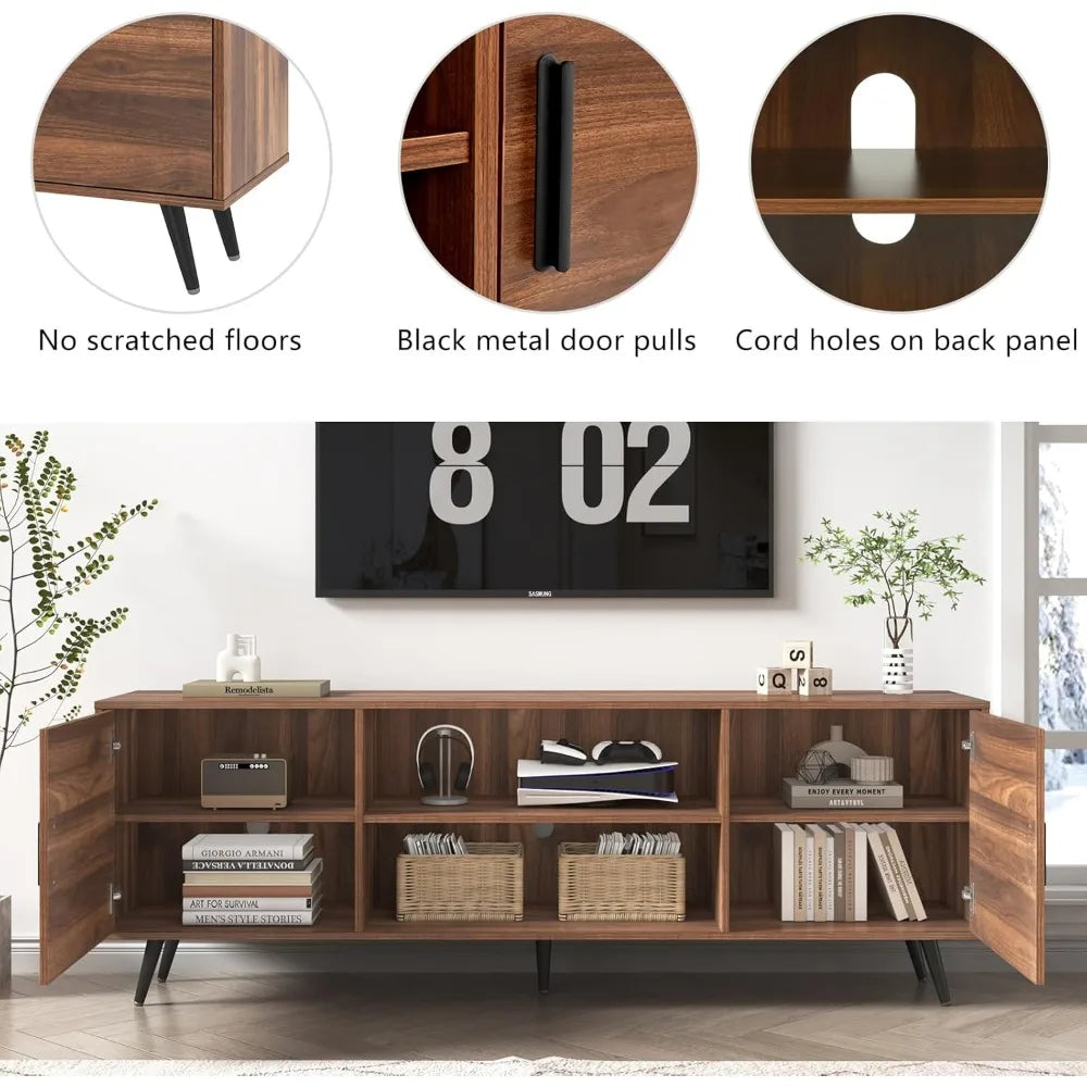 70 Inch Mid Century Modern TV Stand for 75 Inch TV, Wood TV Stand with Storage, Entertainment Center for Living Room Bedroom,