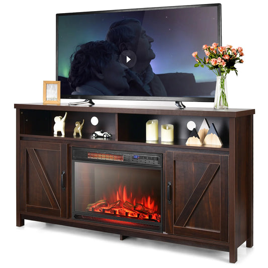 59" Fireplace TV Stand W/ 25" 1350W Electric Fireplace Heater Coffee