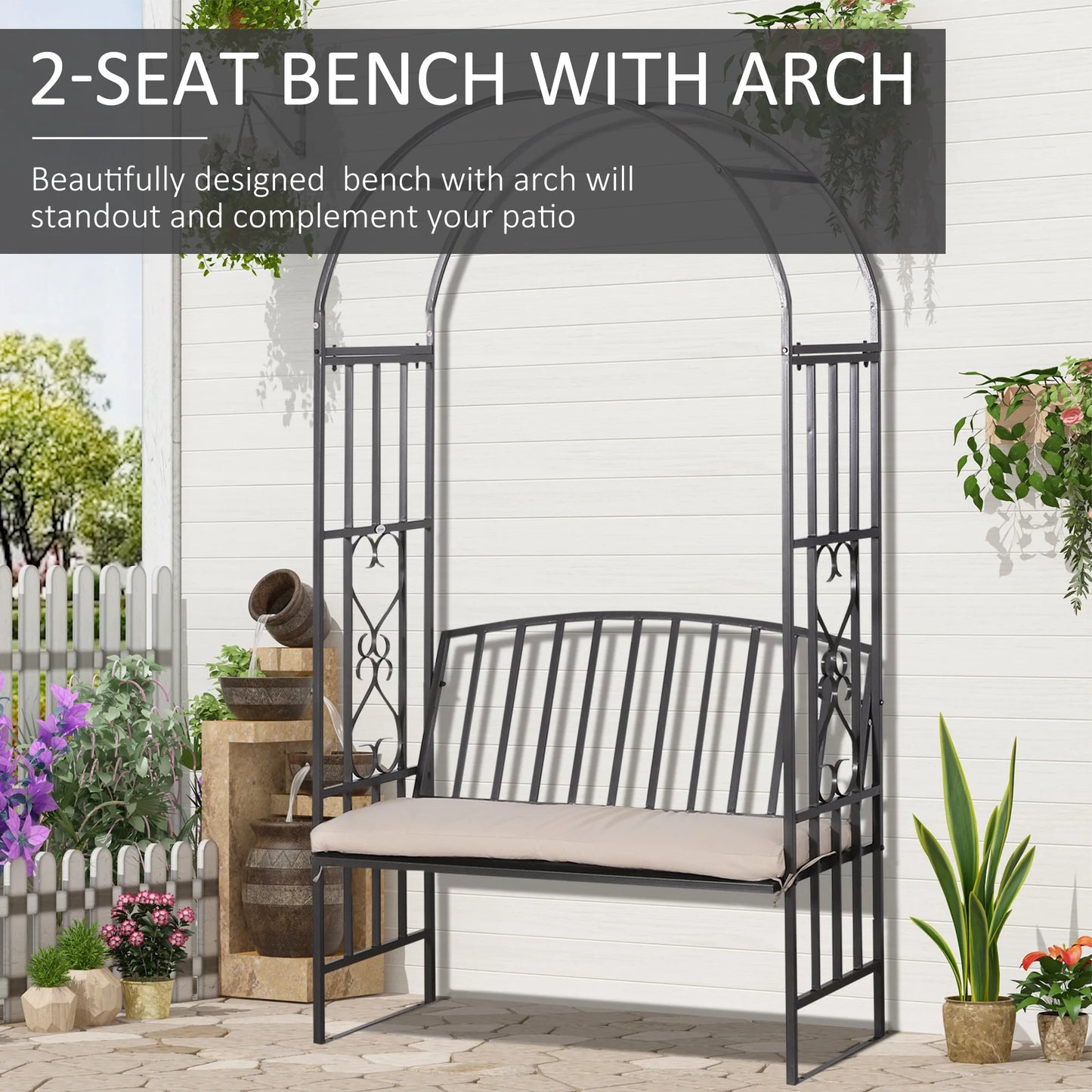 Outsunny Garden Arbor Arch Metal Bench Padded Seat Outdoor Decoration Patio