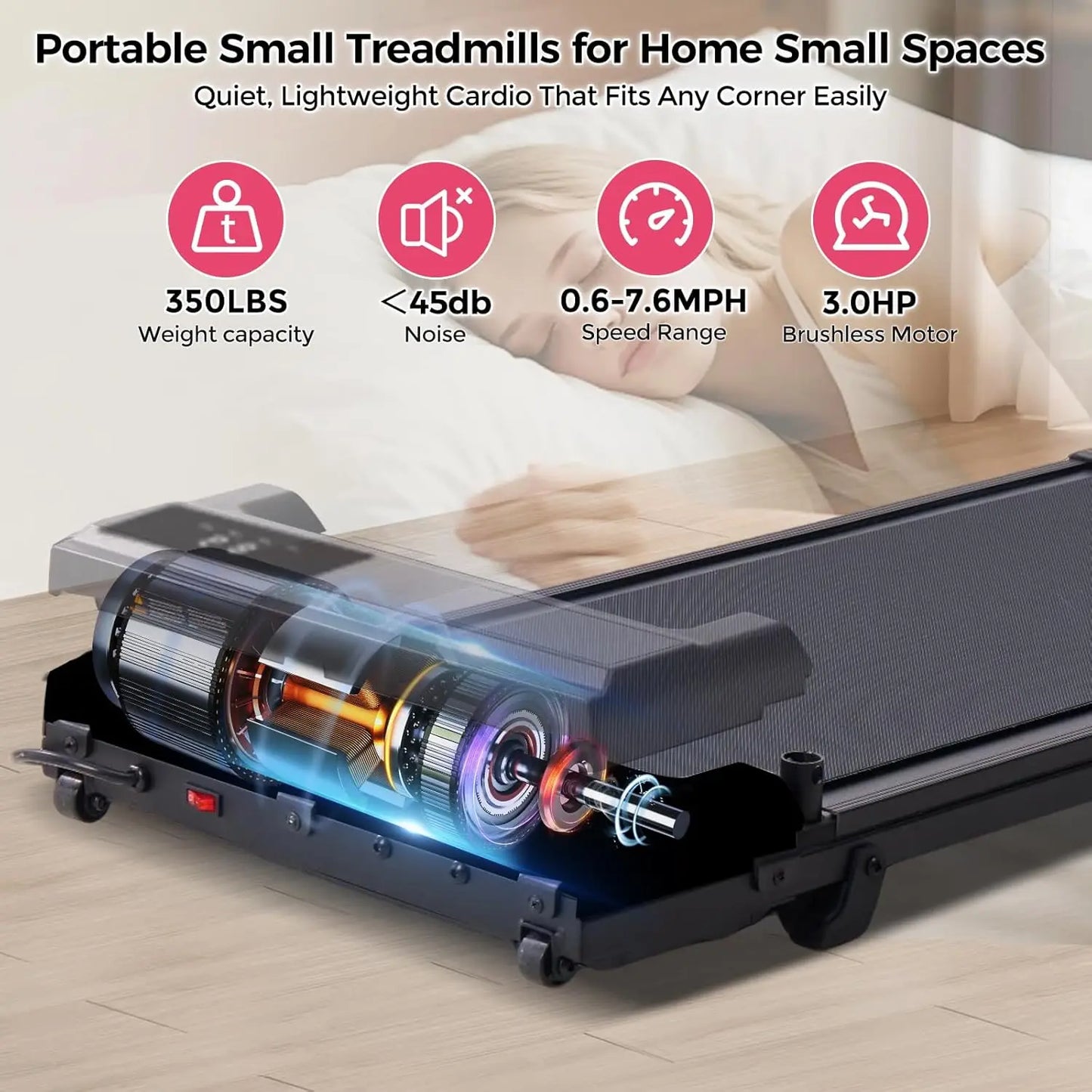 Small portable electric treadmill for household use, 3.5 horsepower silent with LED display screen, weighing 400 pounds