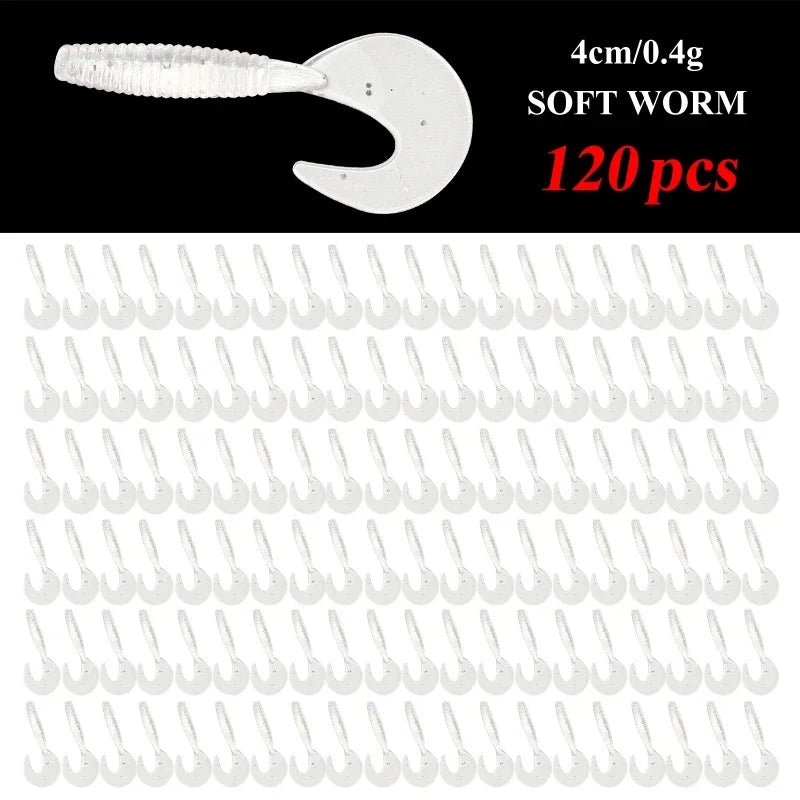 120Pcs New Soft Bait 4cm0.4g Fishing Lures Plastic Silicone Worm Moggot Grub Lure Saltwater Wobblers Carp Swimbait for Pike Tool