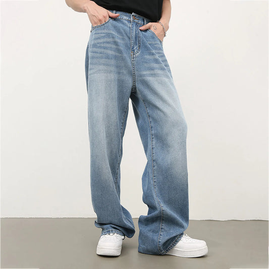 Vintage Simple Style Men's Jeans Fashion Washed Casual Wide Leg Denim Pants Autumn Winter Retro Loose Male Trousers Blue Jeans
