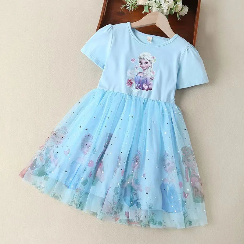 2025 New Disney Summer Kids Dress Clothes Pretty Girls Dresses Frozen Elsa Anna Princess Party Costume For Children Clothing