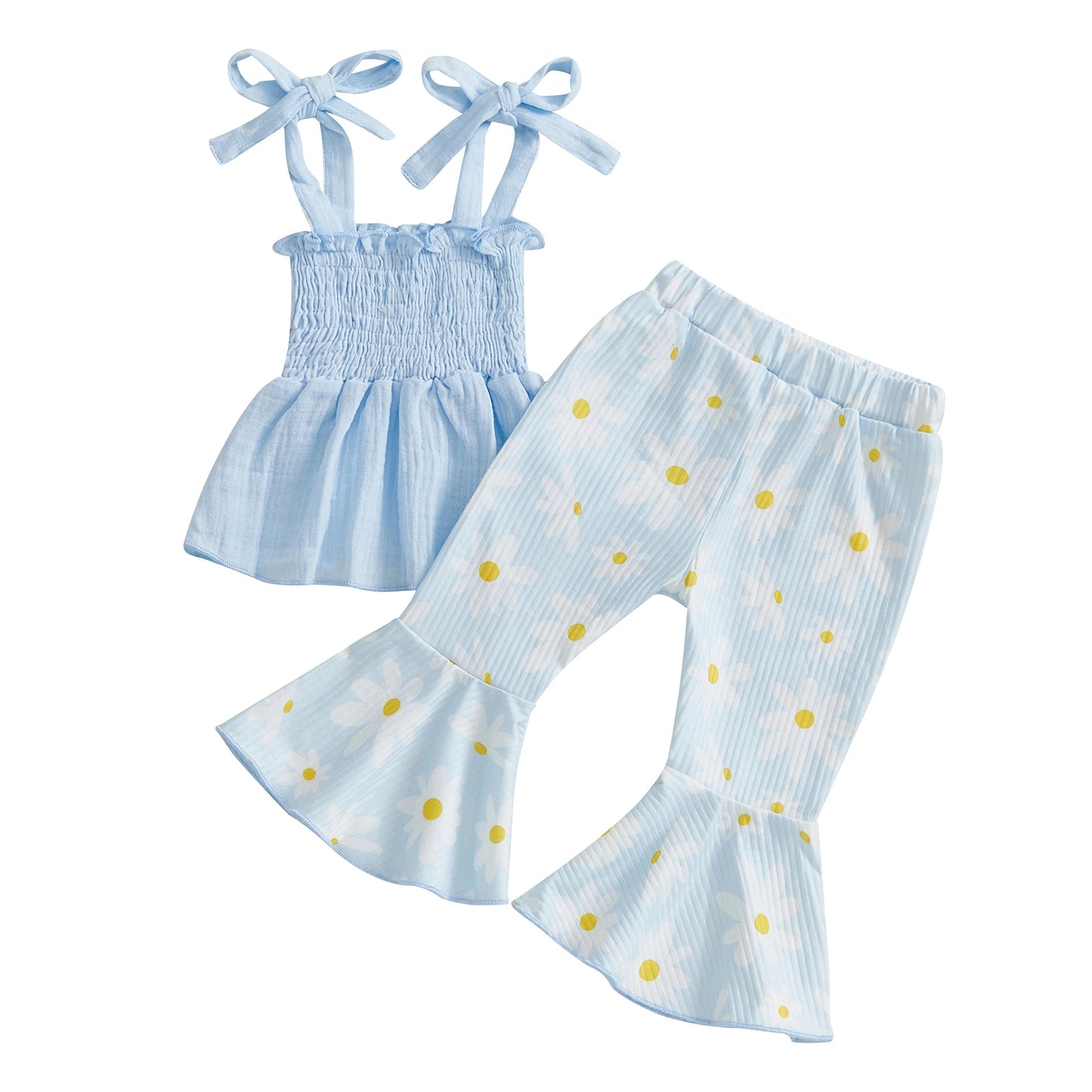 Kids Girls 2 Piece Outfits Tie up Strap Smocked Camisole and Elastic Daisy Print Flared Pants Summer Clothes