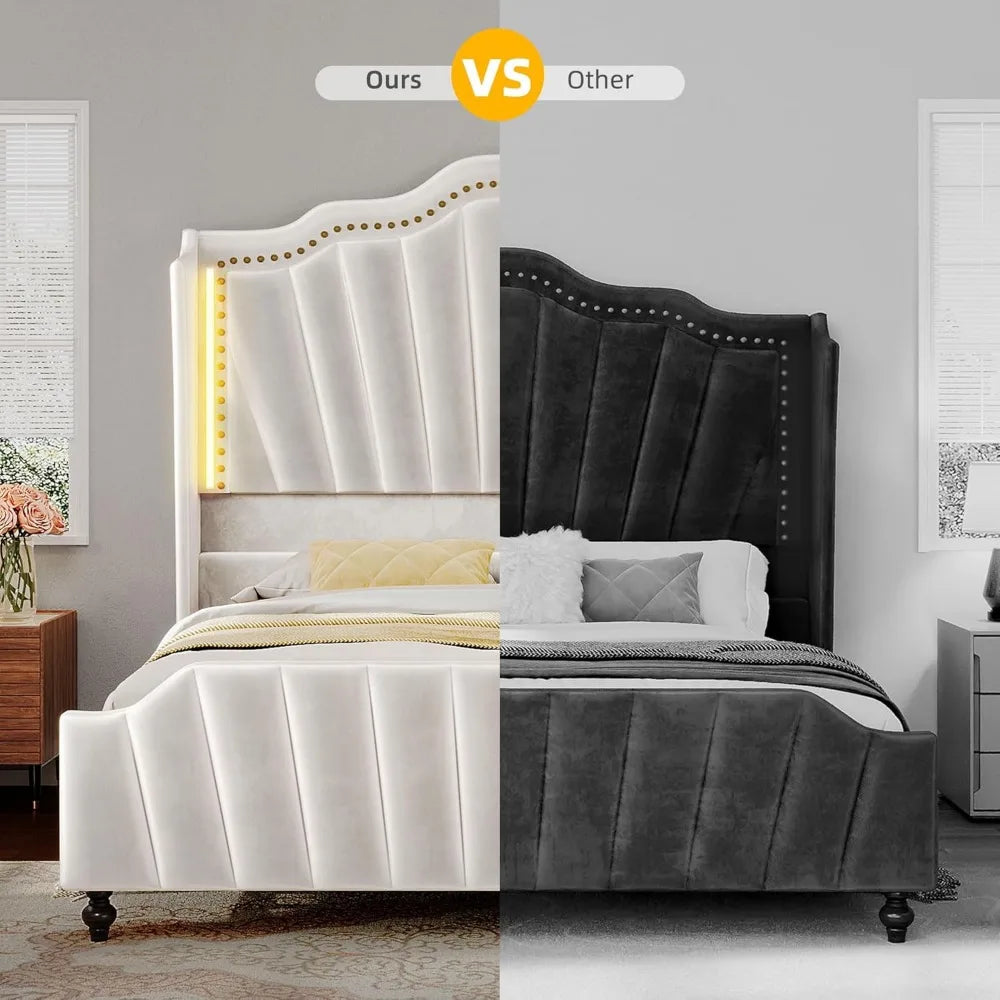 YITAHOME Queen Size Platform Bed Frame with 60" Tall Wingback Headboard and Footboard, Velvet Upholstered Bed with LED Light, So