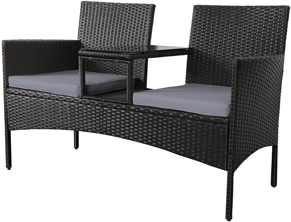 2 Seater Bench with Grey Cushions, Built-In Centre Glass Table Wicker Garden Furniture for Outdoor Balcony Poolside Bistro