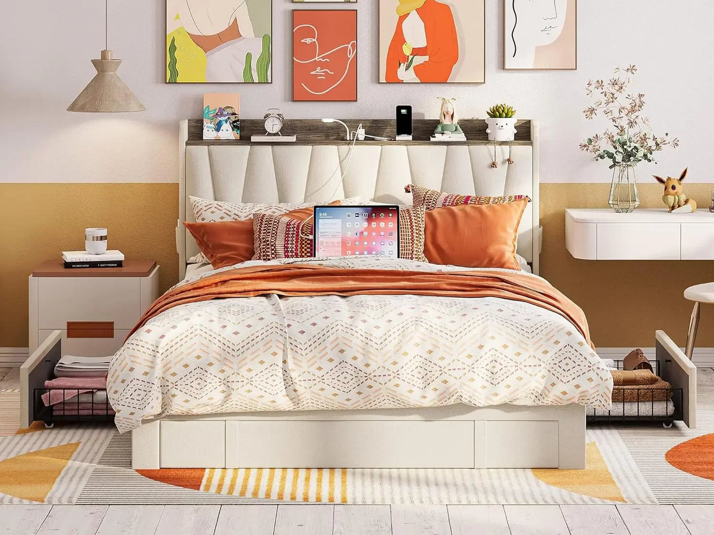 Full Size Bed Frame with 3 Drawers, Upholstered Platform Bed with Storage Headboard and Charging Station, No Box Spring