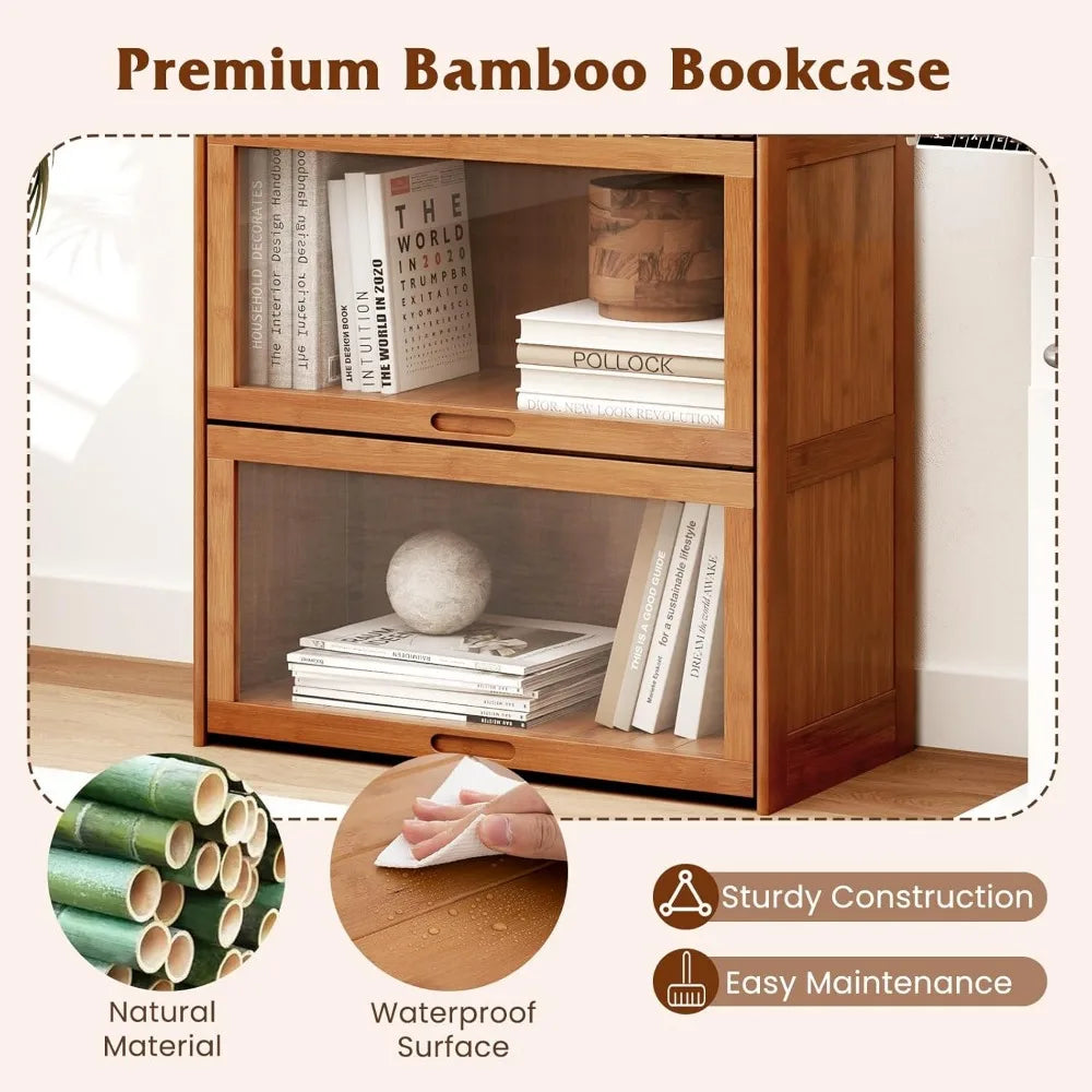 4-Tier Bookcase with Clear Doors, 55" Bamboo Bookshelf with Flip-up Acrylic Doors, Freestanding Cube Storage Organizer with She
