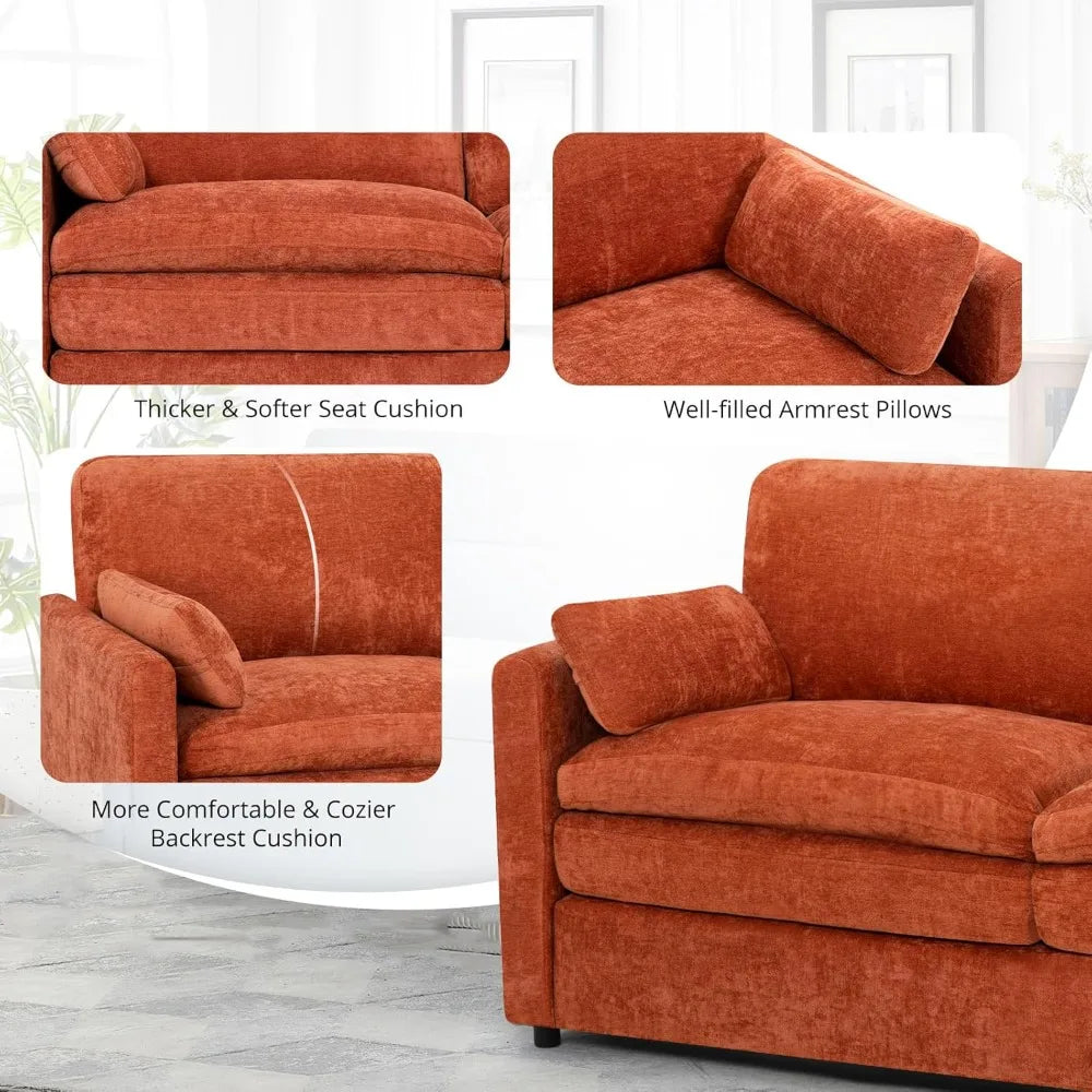 Modern 3 Seater  Sofa with Upholstered Cushions, 2 Pieces  Couch with Soft and Thickened Seats for Living Room, Office, Orange