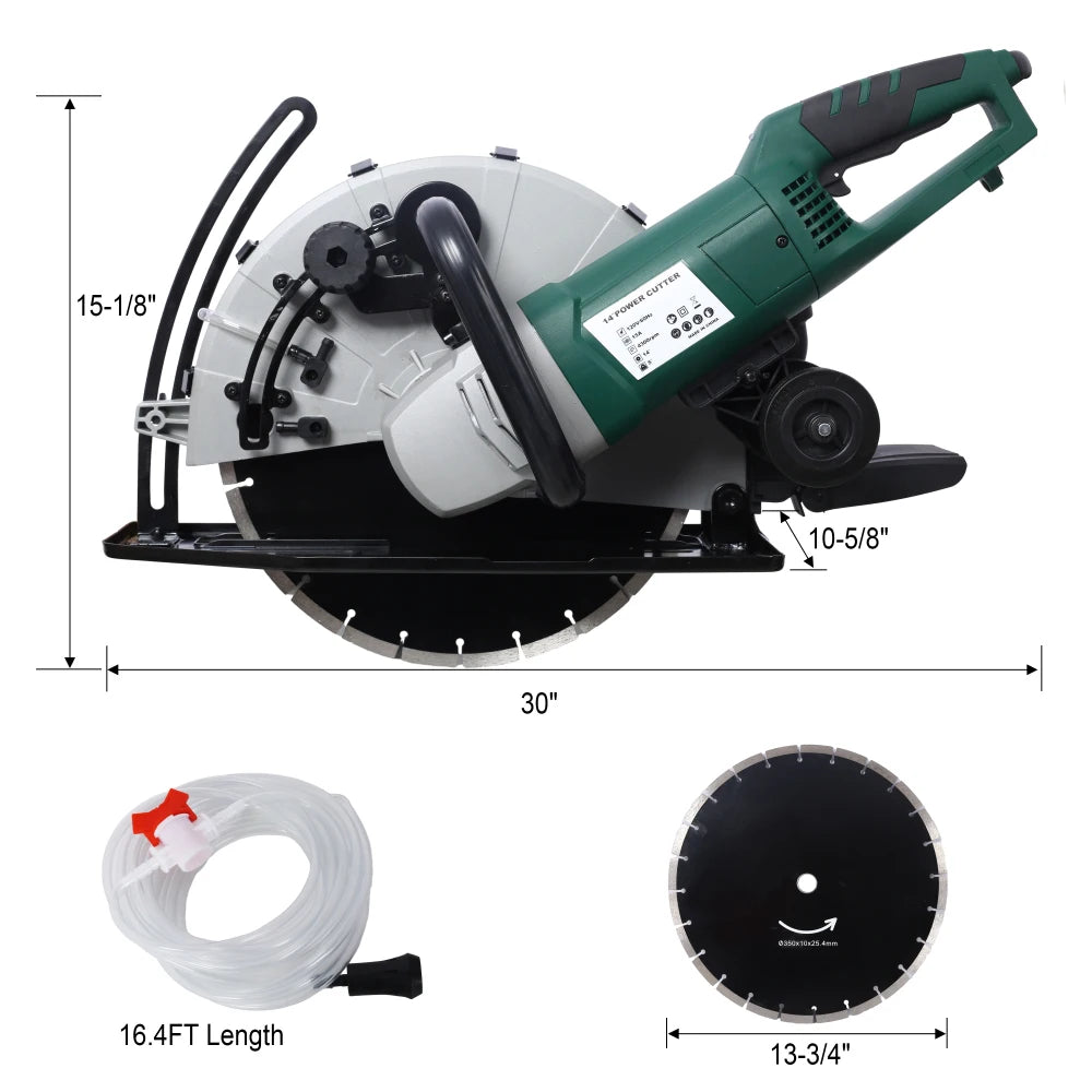 Portable 14" Wet/Dry Electric Corded Circular Concrete Saw/Power Angle Cutter 2600W w/Water Line & Guide Roller (With Blade)