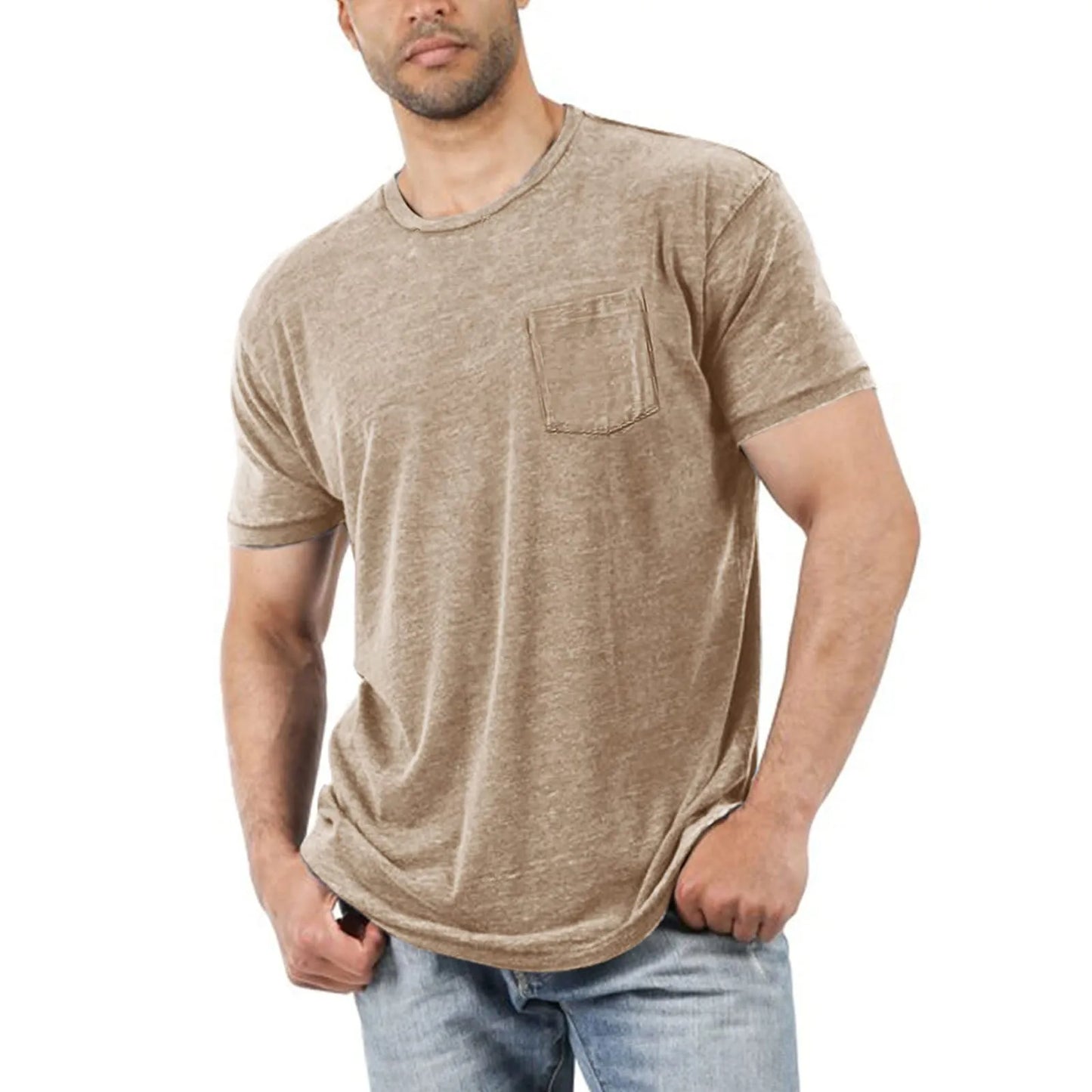 Summer Men Round Neck Pocket Casual And Comfortable Skin Friendly T Shirt Men Solid Color Top Korean Fashion Mens Clothing